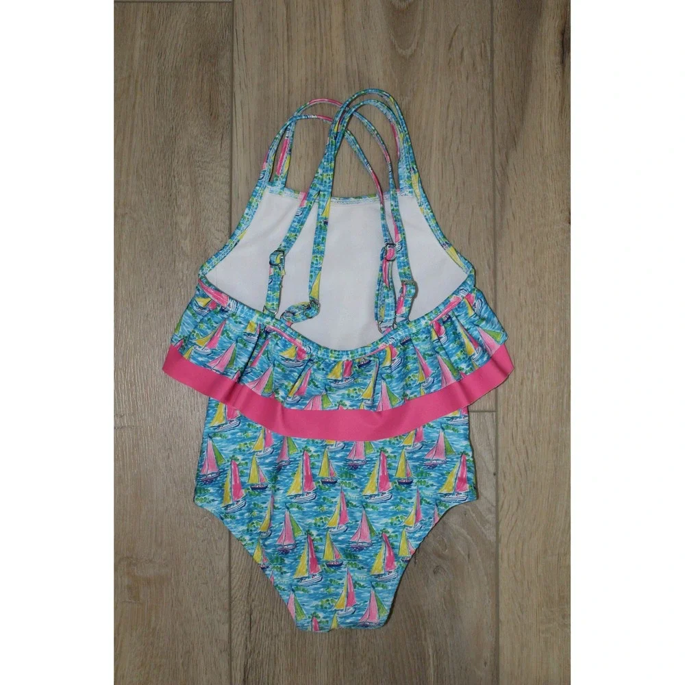 The Oaks Apparel Company‎ Girls Blue Sailboat Ruffle One Piece Swimsuit 4Y